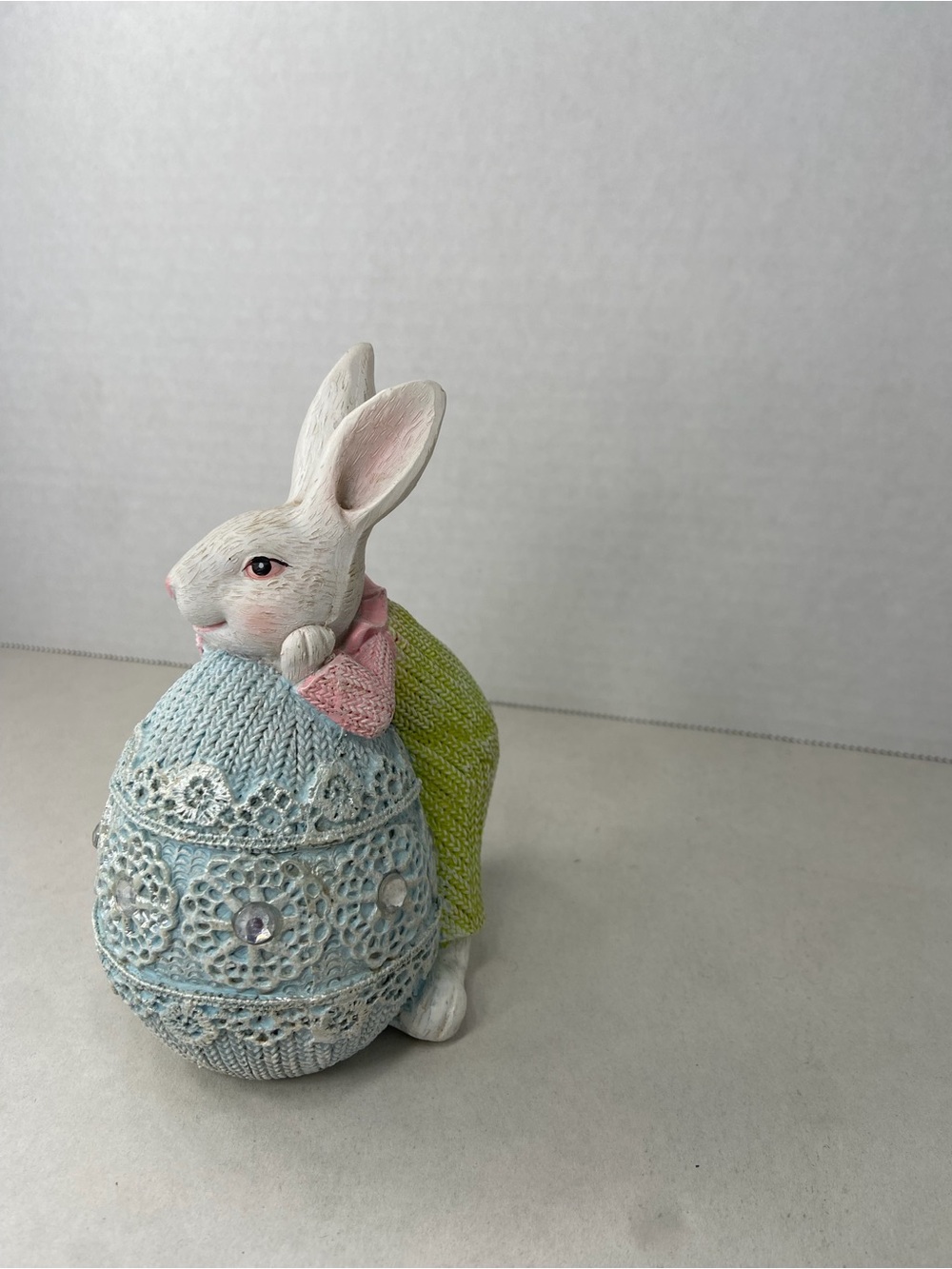 Easter Bunny Figurine Pastel Blue Lace Knit Egg Rhinestone Gem Resin Decor - Picture 2 of 7